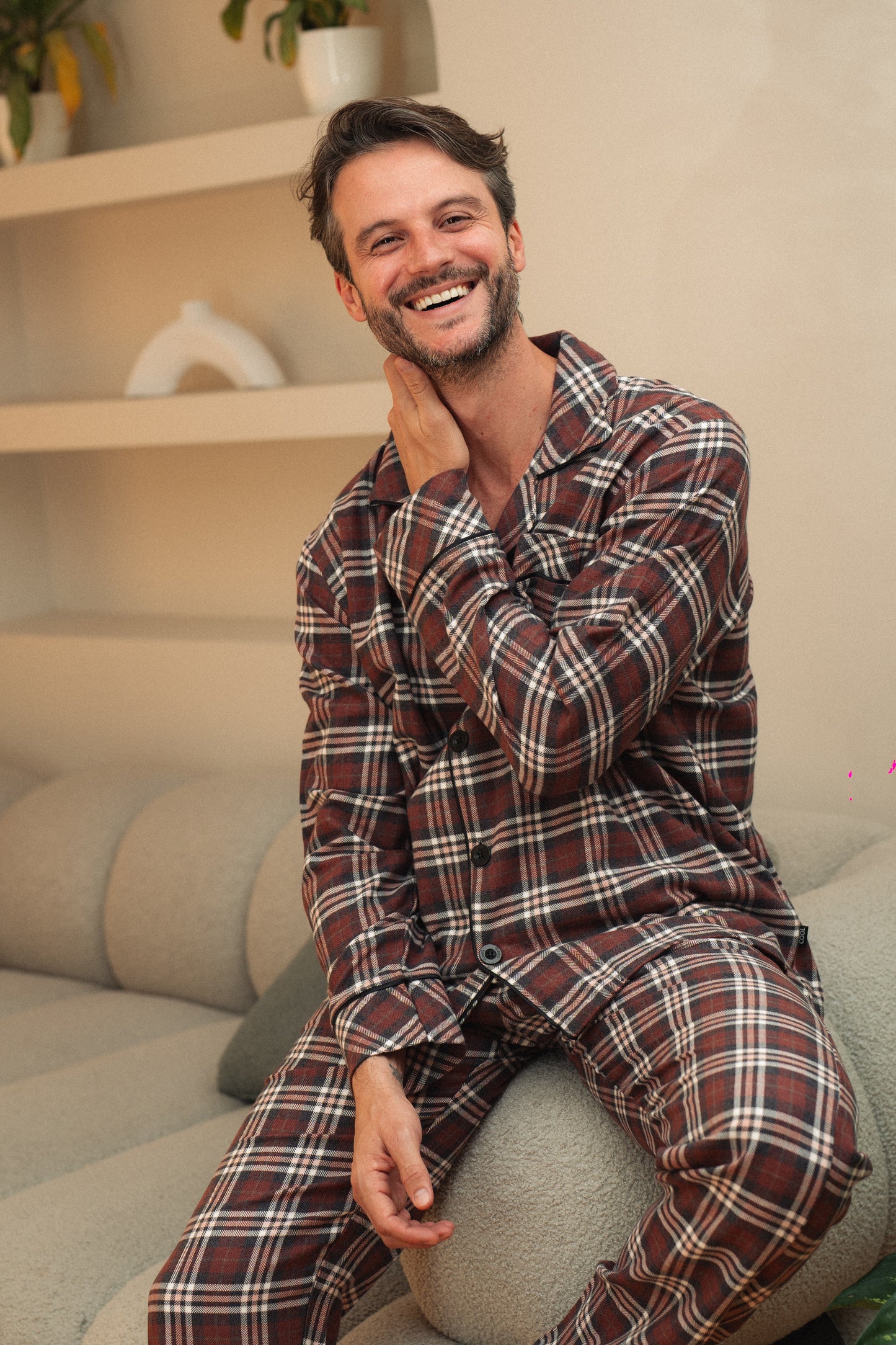 بيجامة رجالي كلاسيك مفتوحة بزراير ليزريه بنطلون روتارى كاروهات كستور