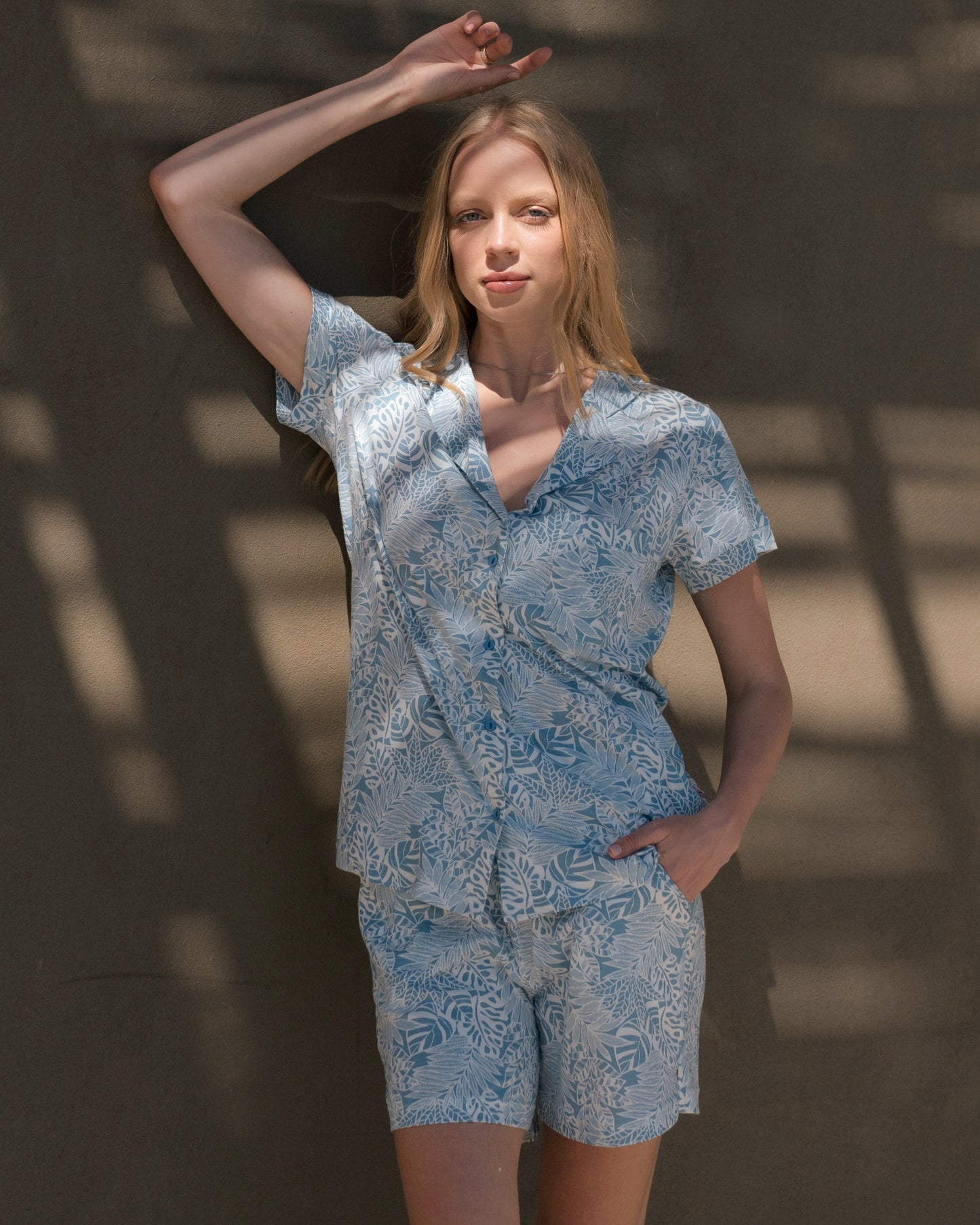 Blue Tropical Women's Button Up Pajamas