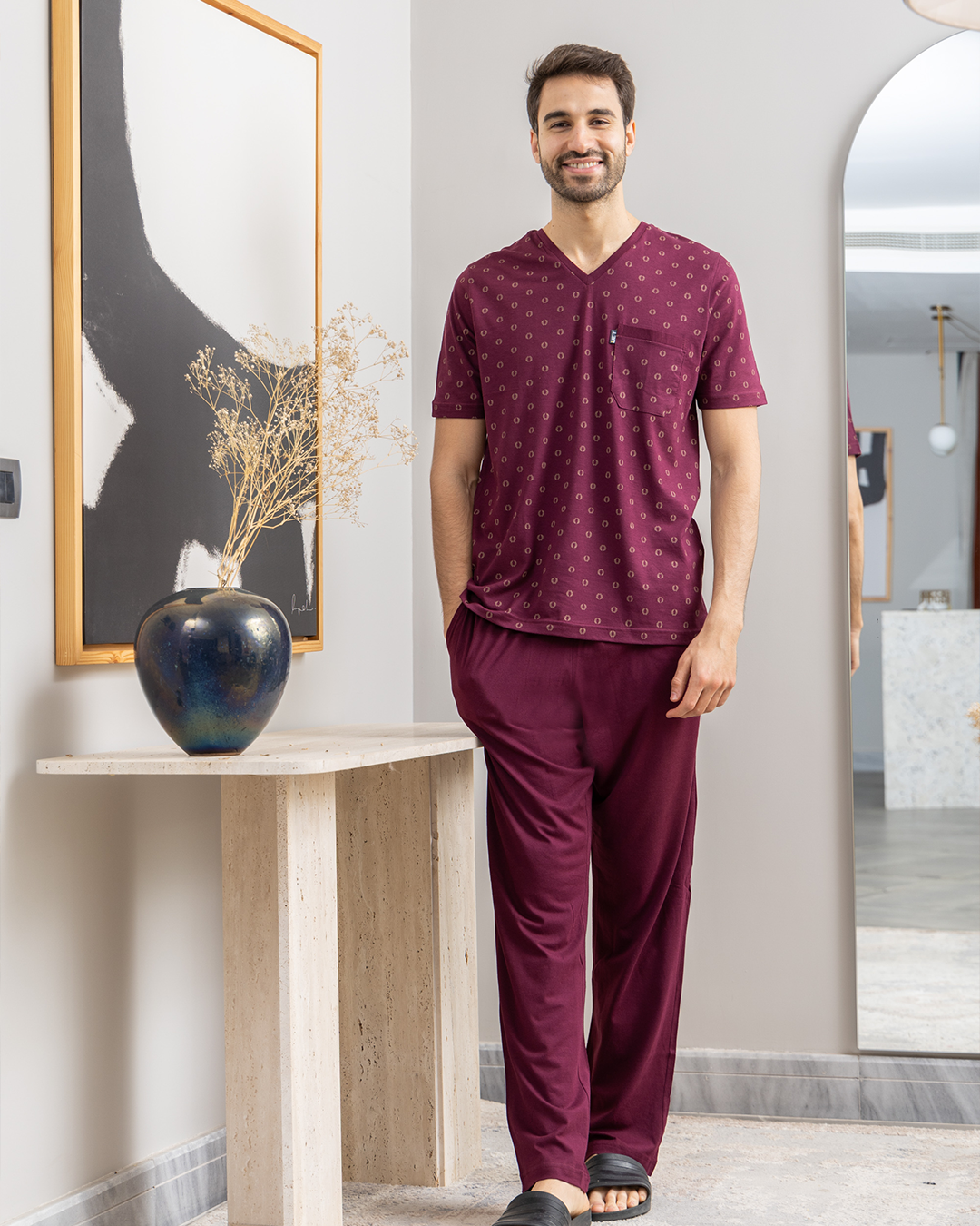 Olive branch print, plain V-neck pajama pants for men