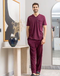 Olive branch print, plain V-neck pajama pants for men