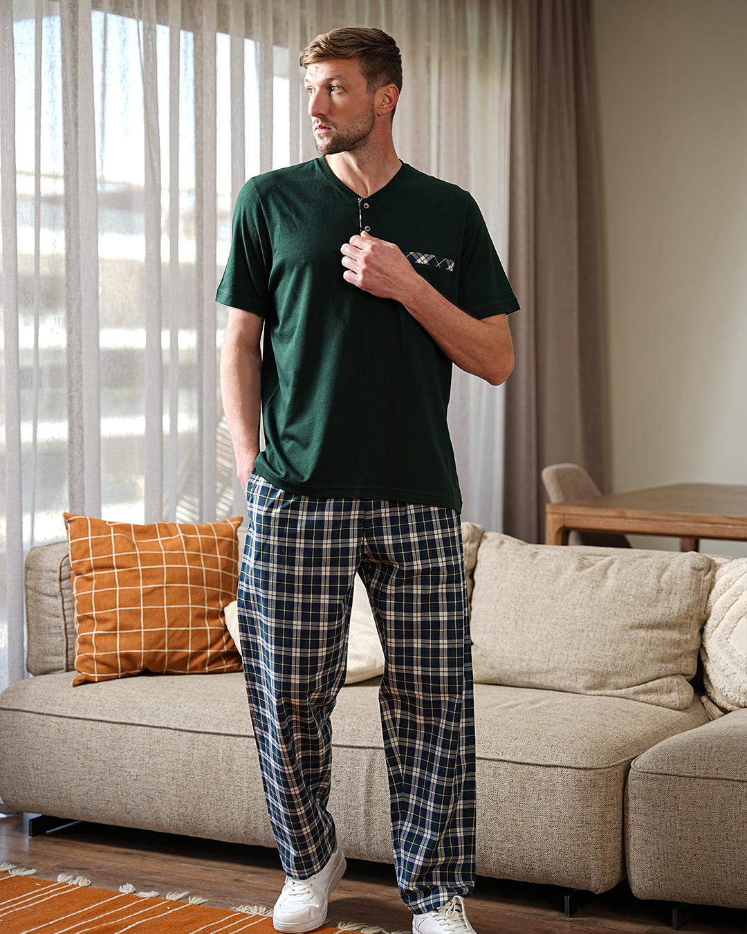 السادة Xبيجامه رجالي تيشرت نص كم رواند وبنطلون النسيج الكاروة