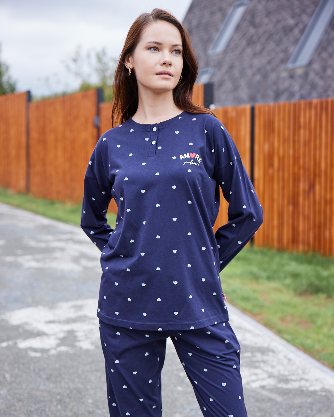 AMORE بيجاما حريمي قطن كم طويل بزراير