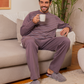 Men's Striped Raglan Sleeve Round Neck Button Down T-Shirt and Plain Pants Pajama Set