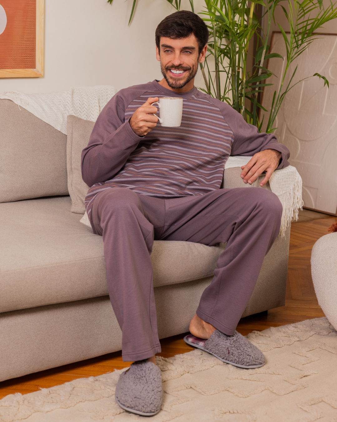 Men's Striped Raglan Sleeve Round Neck Button Down T-Shirt and Plain Pants Pajama Set