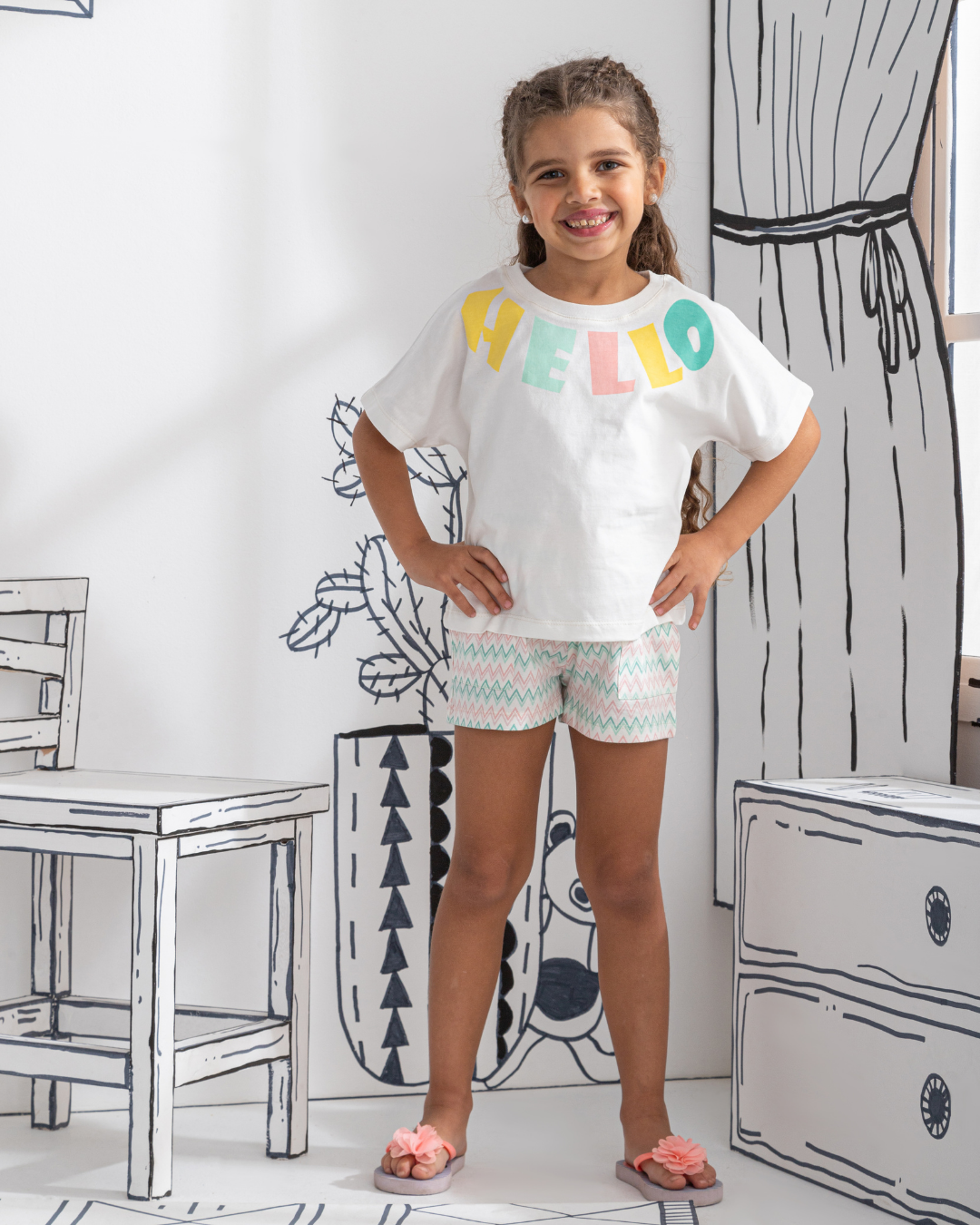 Hello zigzag بيجاما بناتي نص كم و شورت قطن