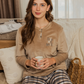 Women's pajama top, plain, long-sleeved, round neck, buttoned, and plaid pants