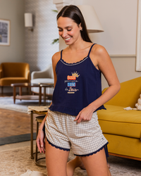 BUSCAI primeime Women's pajamas Checkered printed shorts with a bow T-shirt Lace on the chest Shawl