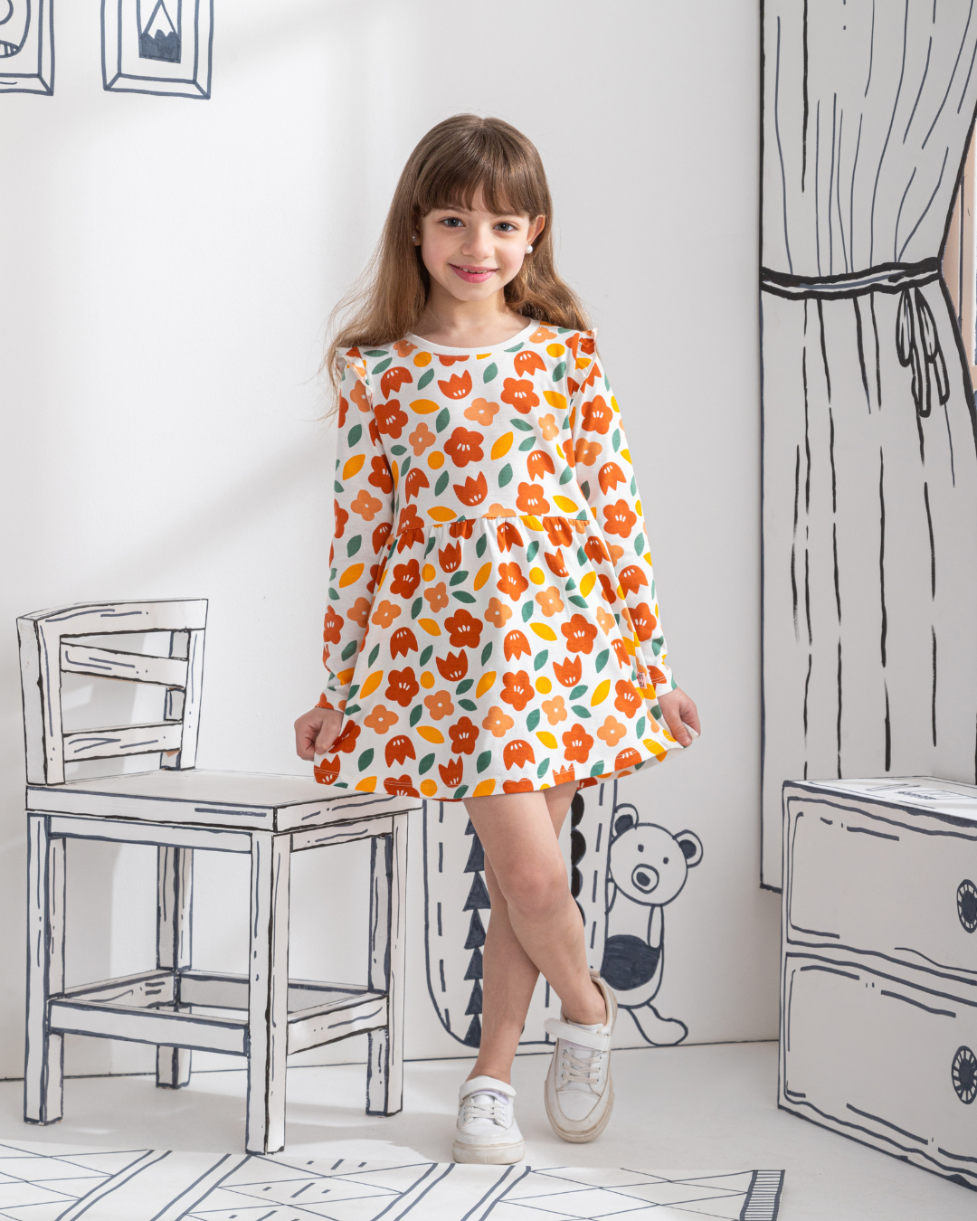 Floral فستان بناتي كُم طويل