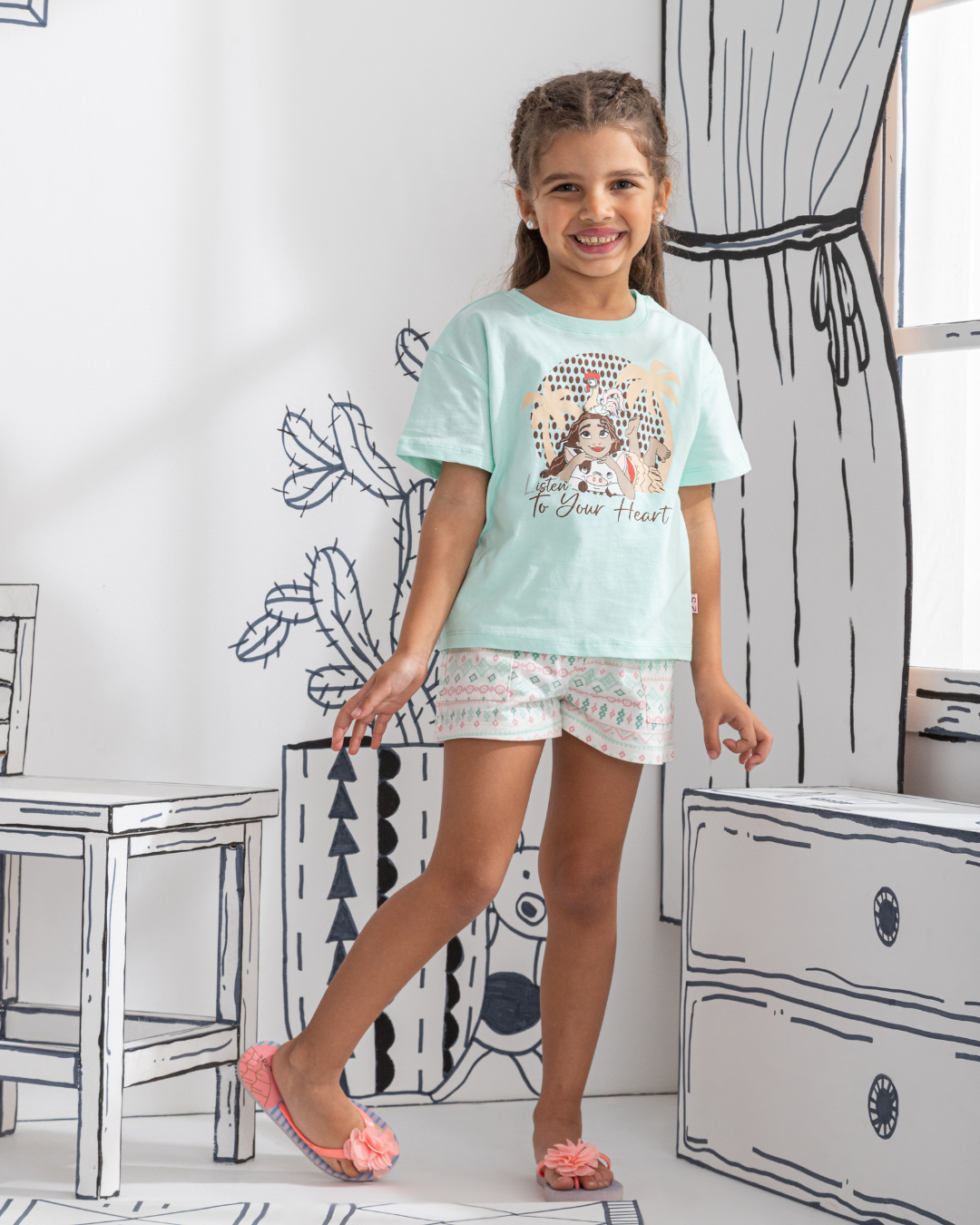 Listen to your heart بيجاما بناتي نص كم و شورت قطن