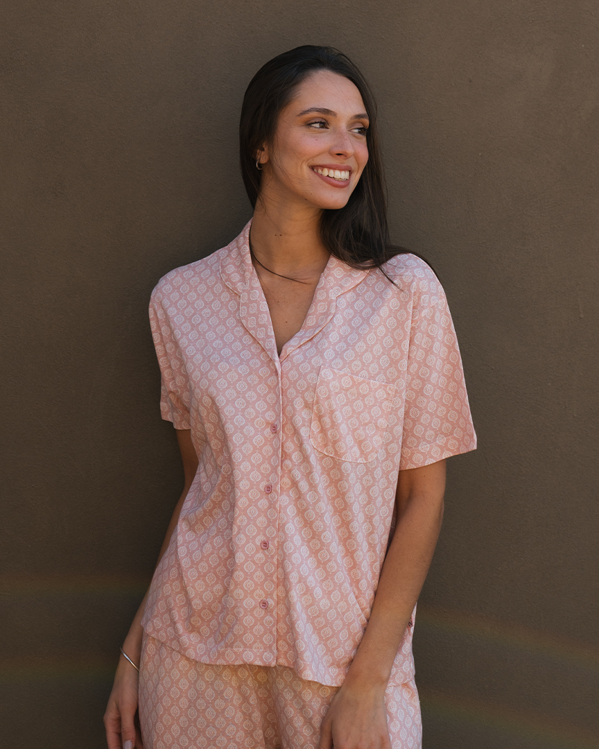 Blue andalusian Women's pajamas with half sleeves and buttons