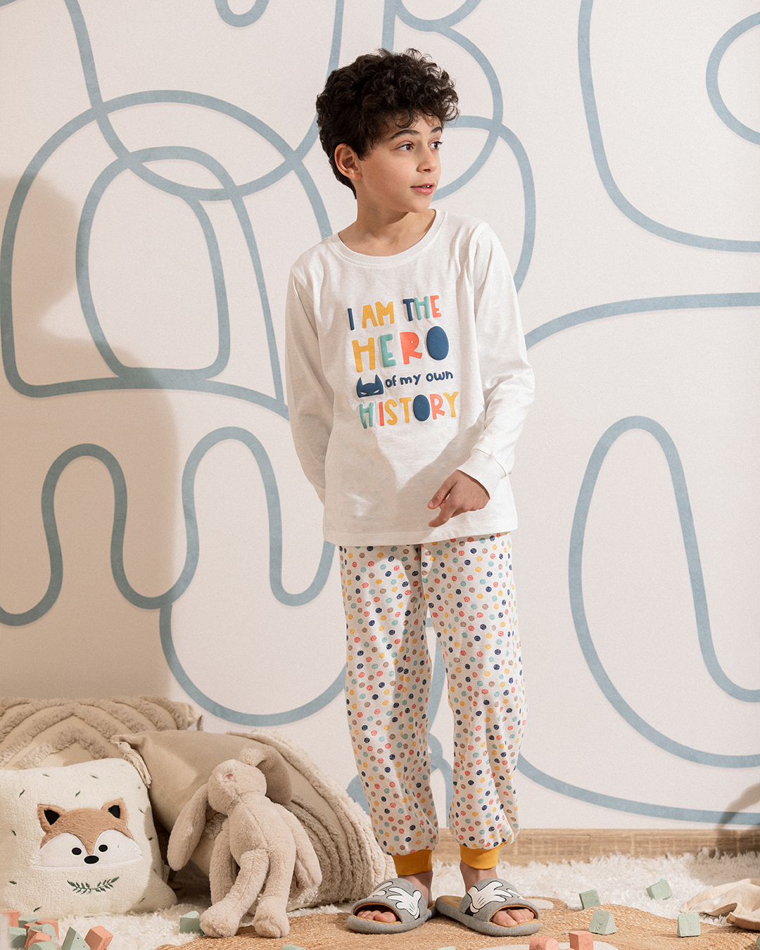 i am the Hero بيجامة اطفالي اولادي كم طويل *بنطلون مطبوع قطن