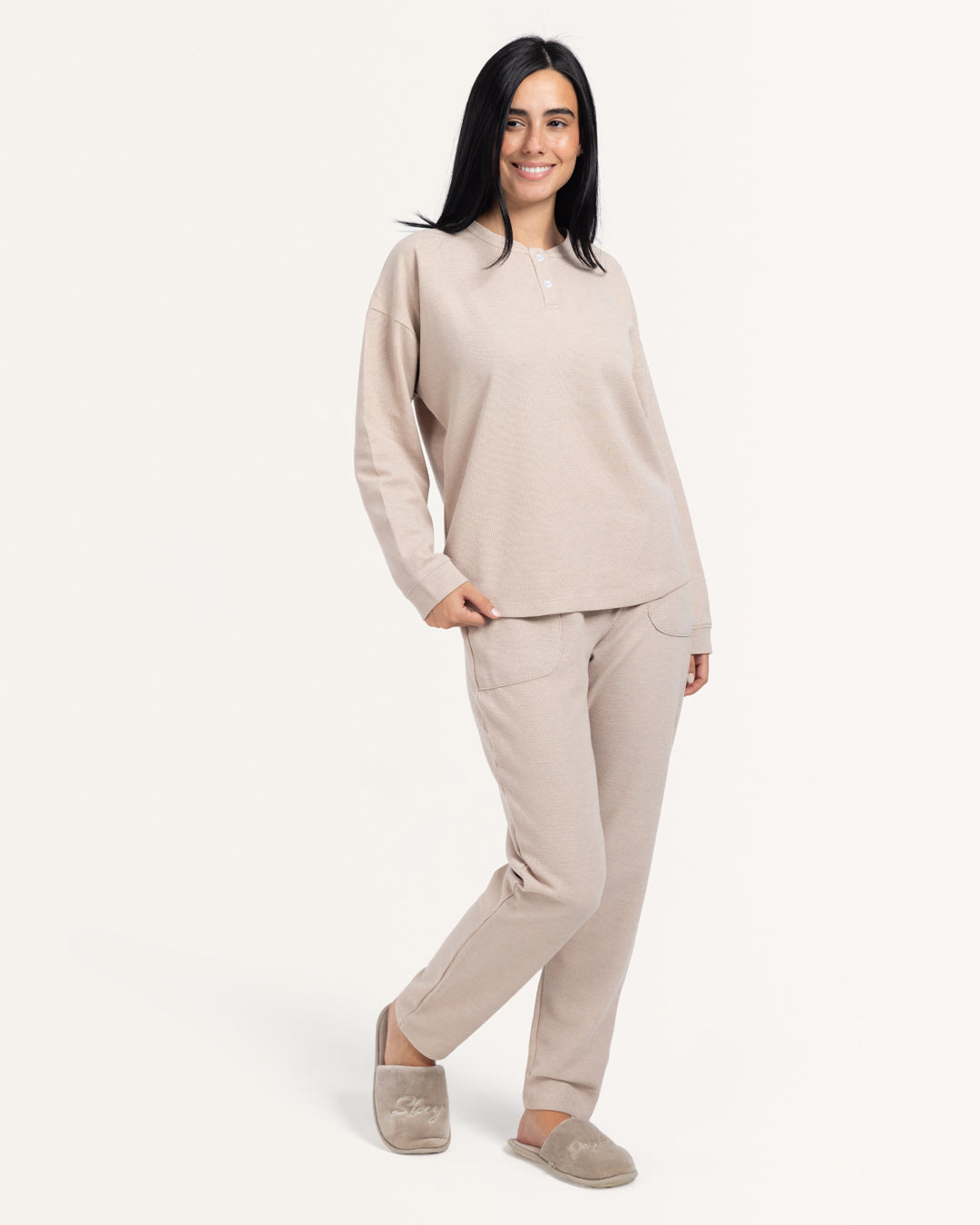 بيجاما بنطلون جاكارد كم طول دفئ الخريف