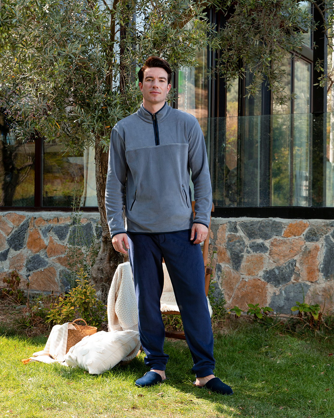 half neck zipper بيجاما رجالي كم طويل بنص سوستة