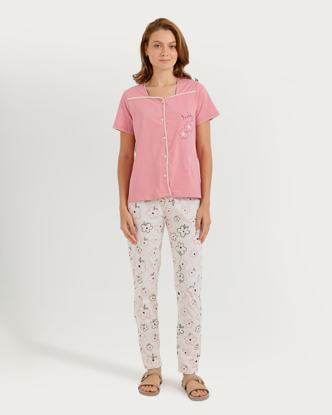 Women's Half Sleeve Pajama with Embroidered Pants