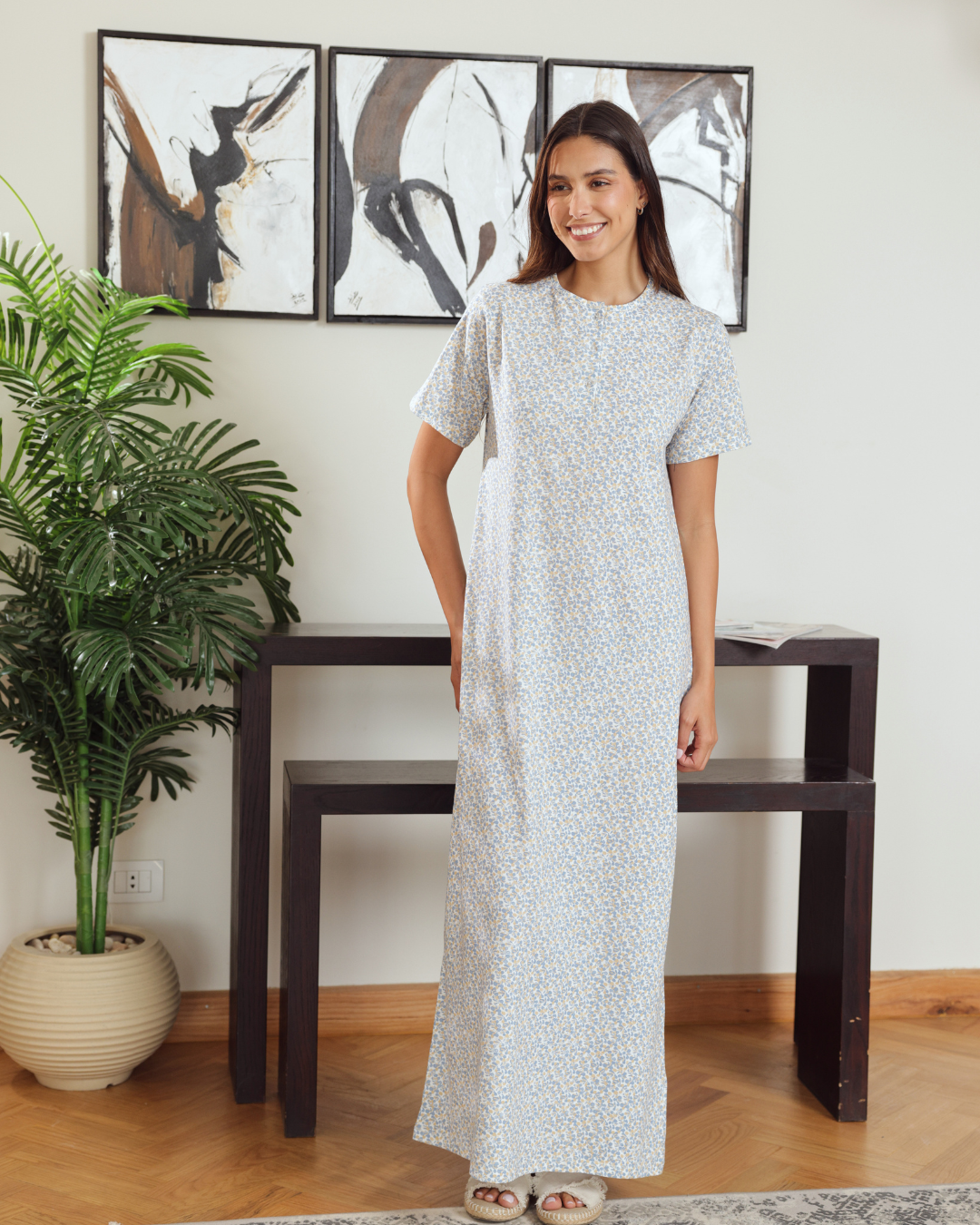 Women's Round Neck Half Sleeve Printed Night Shirt