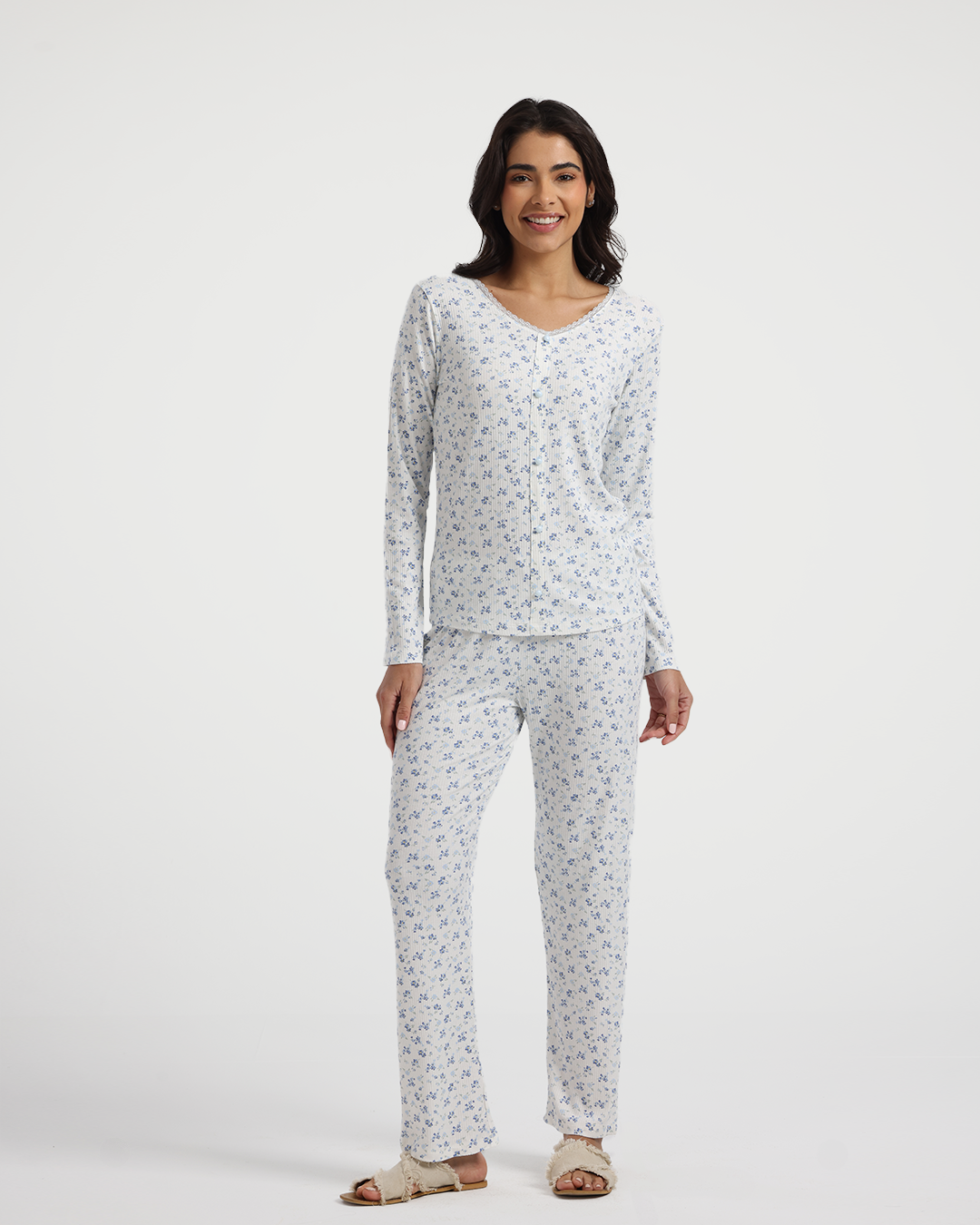 Blue Floral Viscose Lycra Pajama Pants