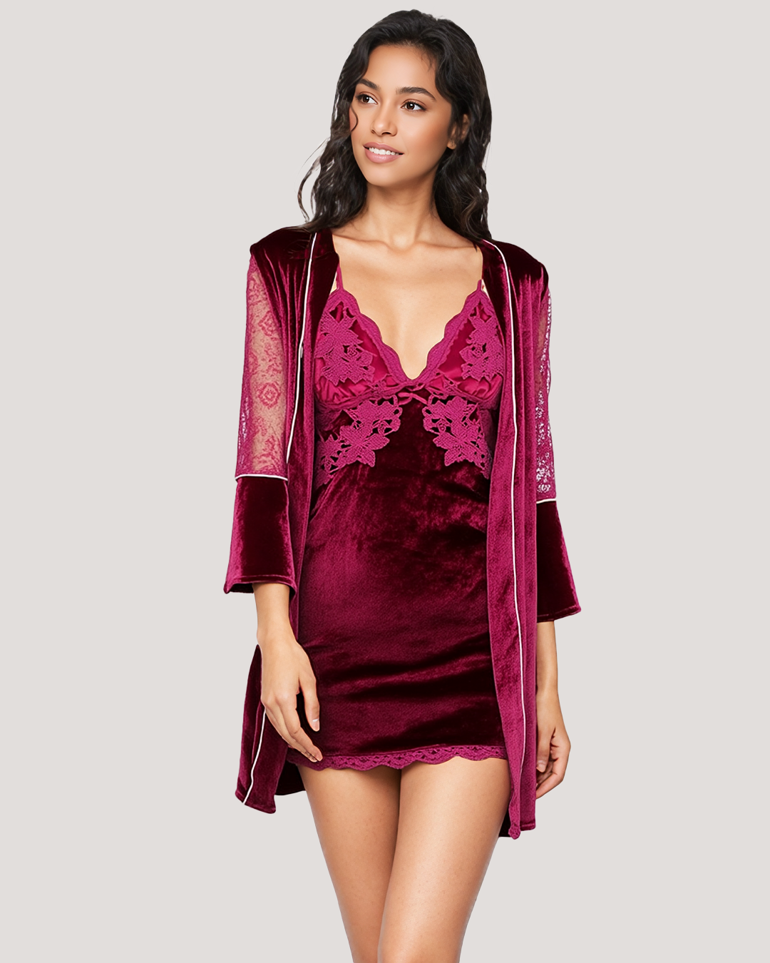 Women's Velvet Robe with Lace