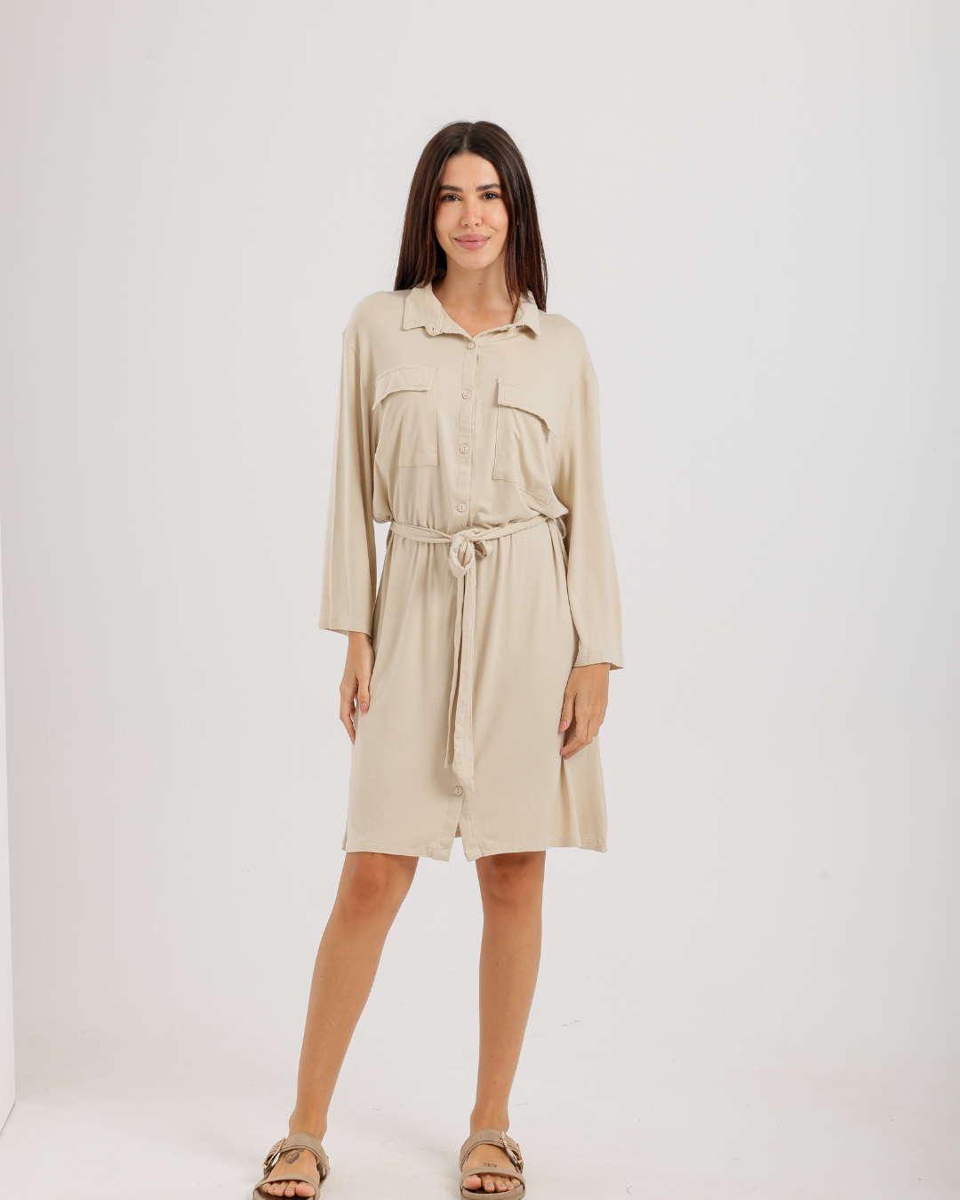 Women's Short Sleeve Shirt with Buttons, Chest Pockets, and Waist Tie