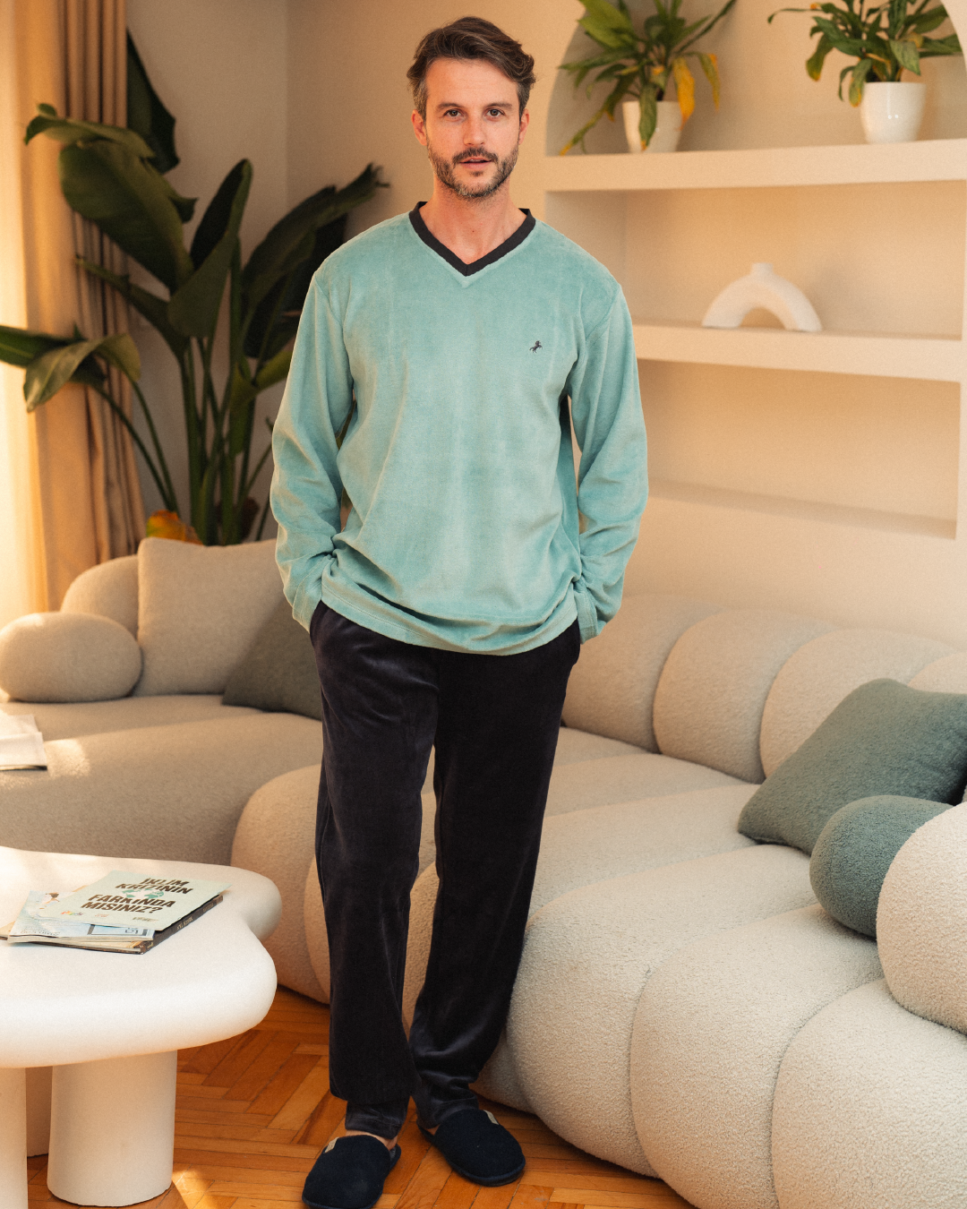 V Men's Pajamas Embroidery on the Chest Horse Velvet Neck