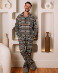 بيجامة رجالي كلاسيك مفتوحة بزراير ليزريه بنطلون روتارى كاروهات كستور