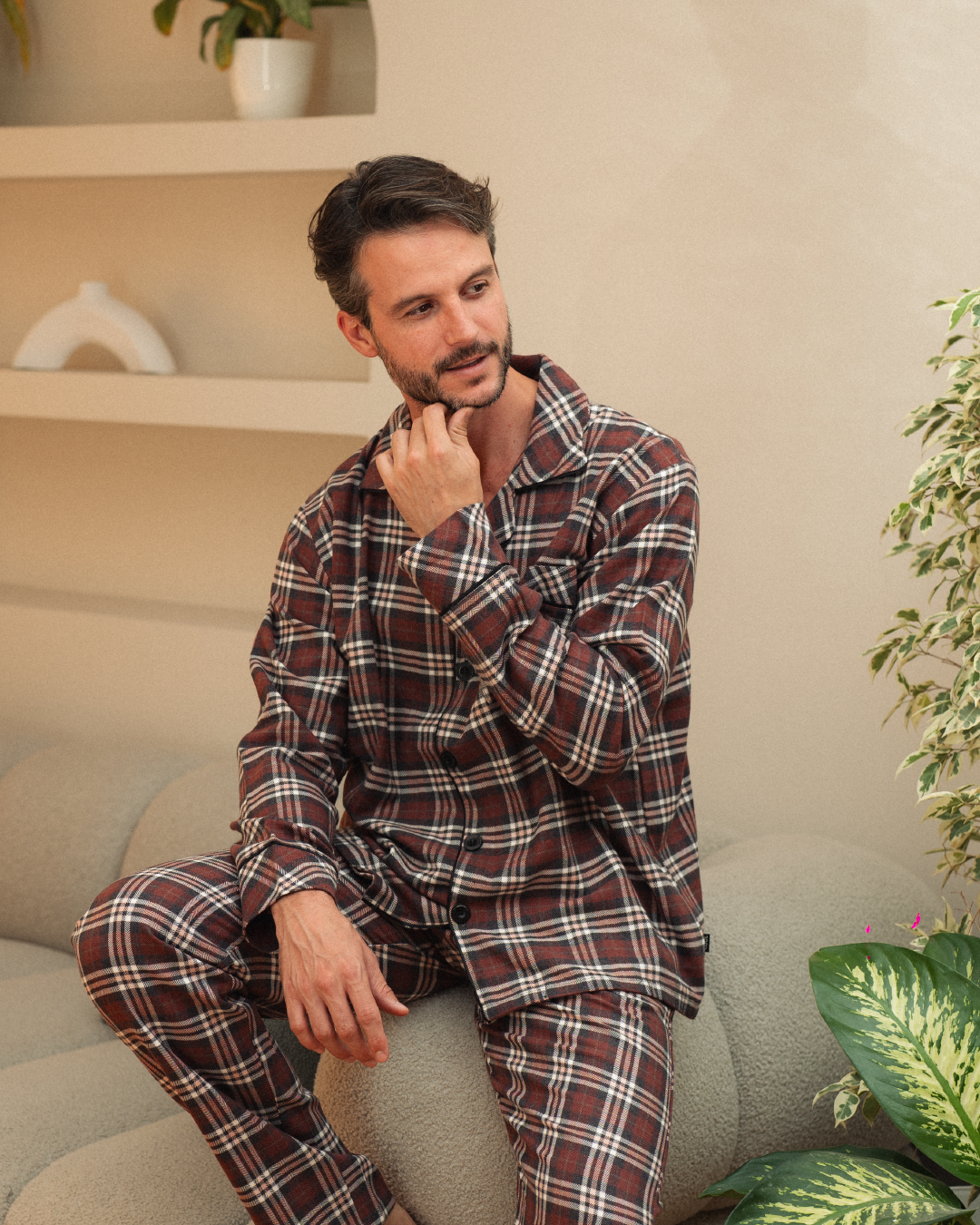 Men's classic open pajamas with laser buttons and rotary check pants