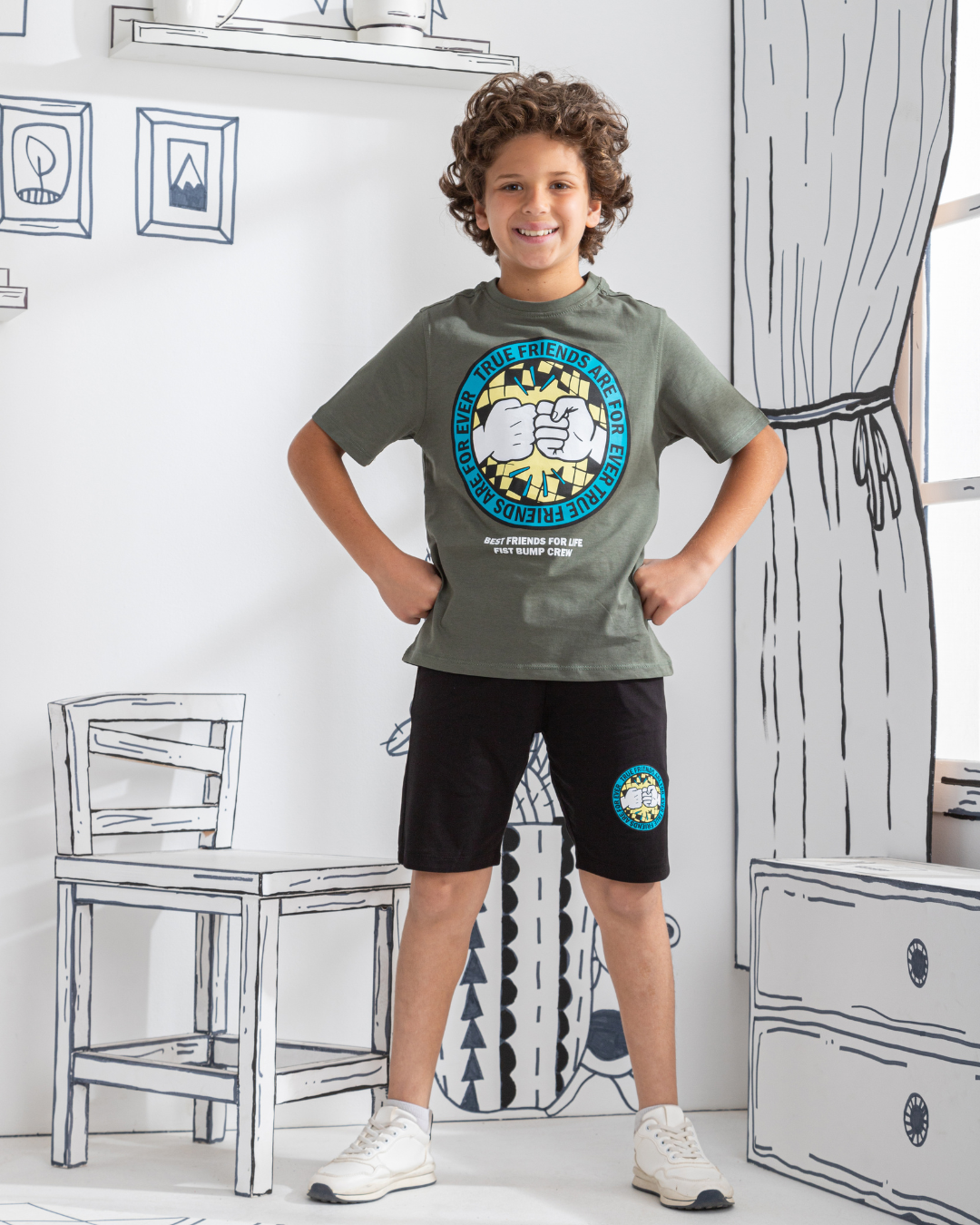 Best Friends بيجامه اولادي شورت براسولا طباعه صدر و شورت بجيوب