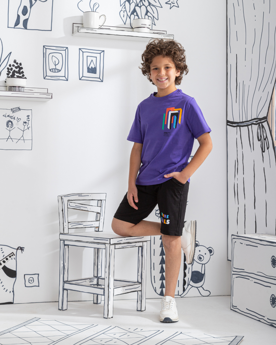 Boys' single lycra pajamas and brassiere top with print on the bodice and back