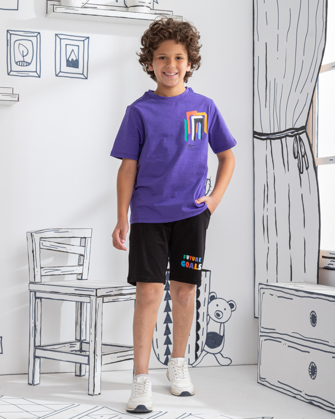 Boys' single lycra pajamas and brassiere top with print on the bodice and back