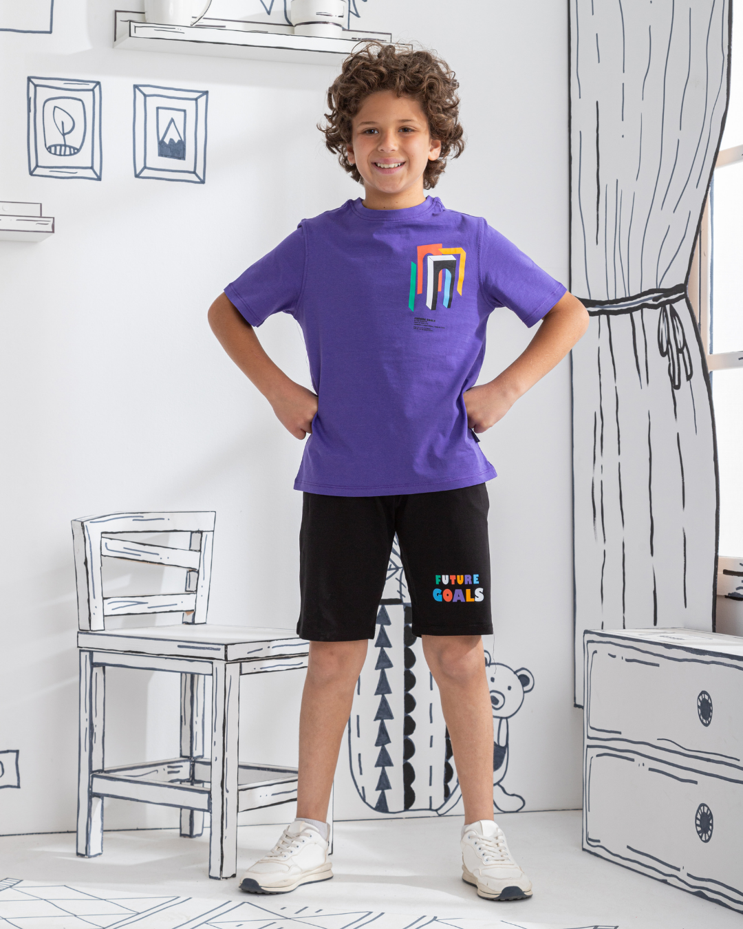 Boys' single lycra pajamas and brassiere top with print on the bodice and back