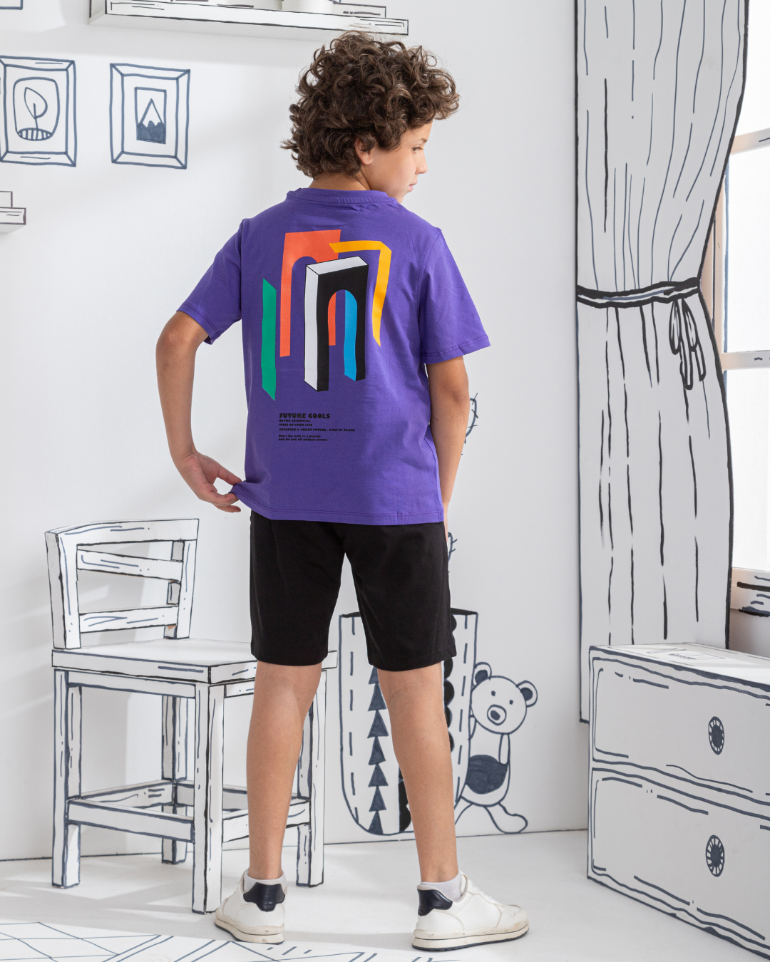 Boys' single lycra pajamas and brassiere top with print on the bodice and back