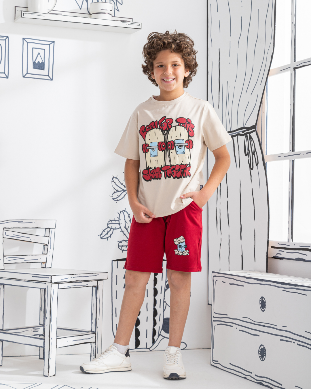 Skate بيجامه أولادي نصف كم براسولا طباعه صدر  شورت مطبوع