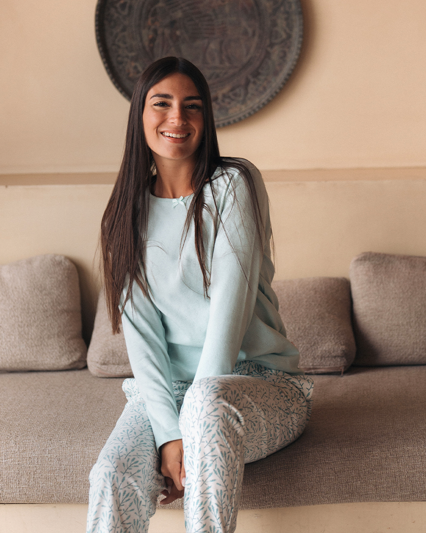 Pointelle Fabricبيجاما حريمي كم طويل بوانتيل *بنطلون قطن مطبوع