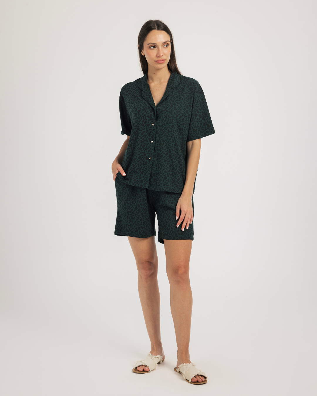 Green Leopard Women's Buttoned Pajamas