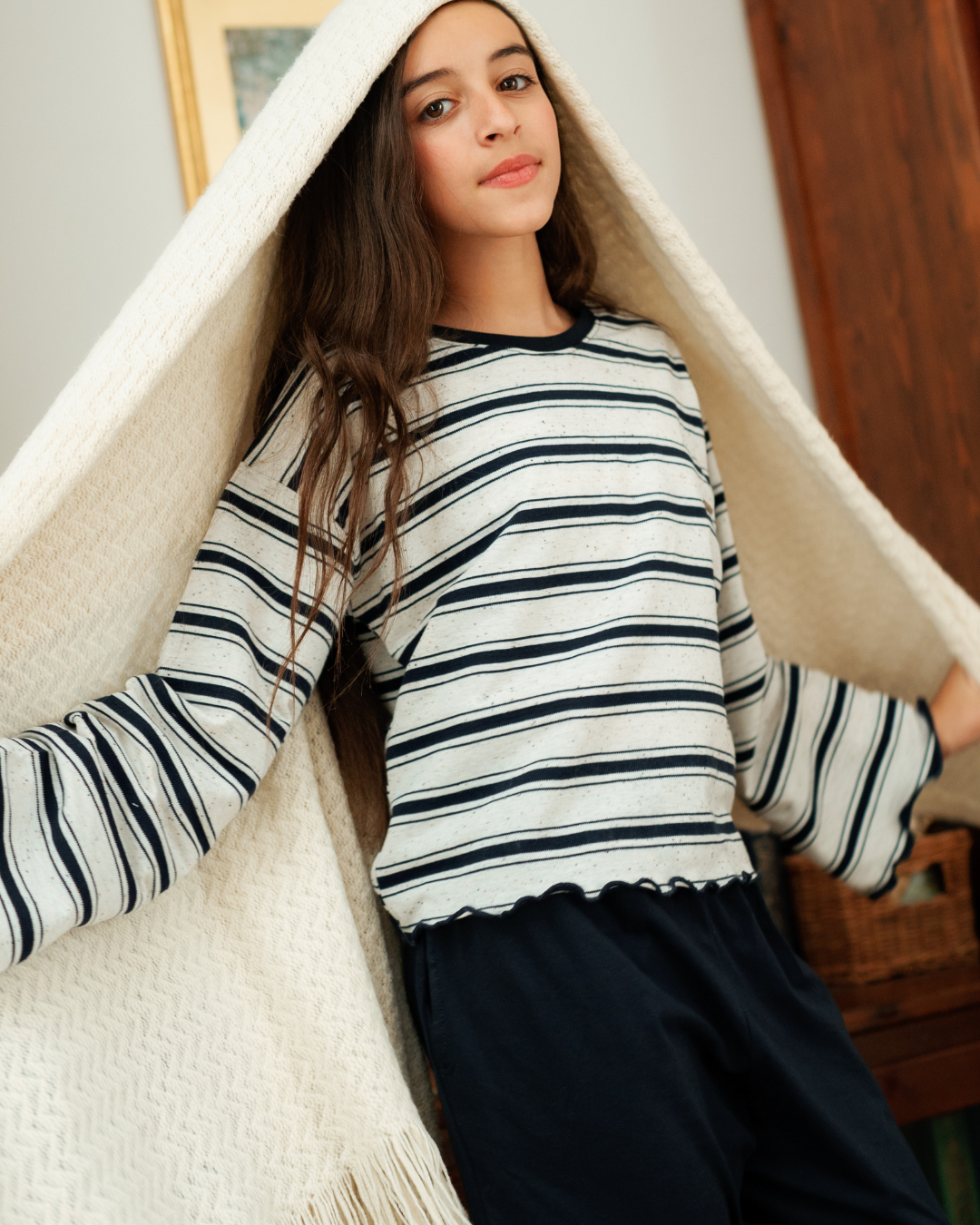 بيجاما بناتي جونيور بكم طويل واسع و بنطلون ساده