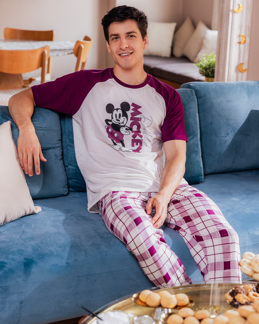Family checkers Men's half-sleeved pajamas and cotton trousers