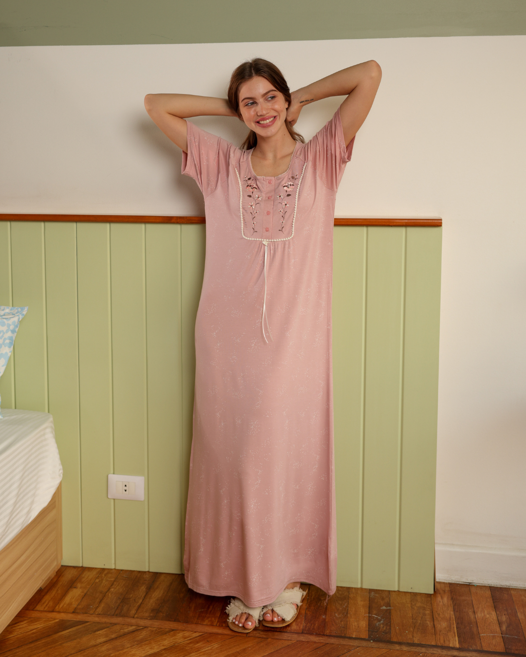 نايت شيرت طويلة نصف كم طباعة منقط