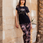 Women's pajamas, floral embroidery top, black floral trousers, brick