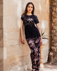 Women's pajamas, floral embroidery top, black floral trousers, brick