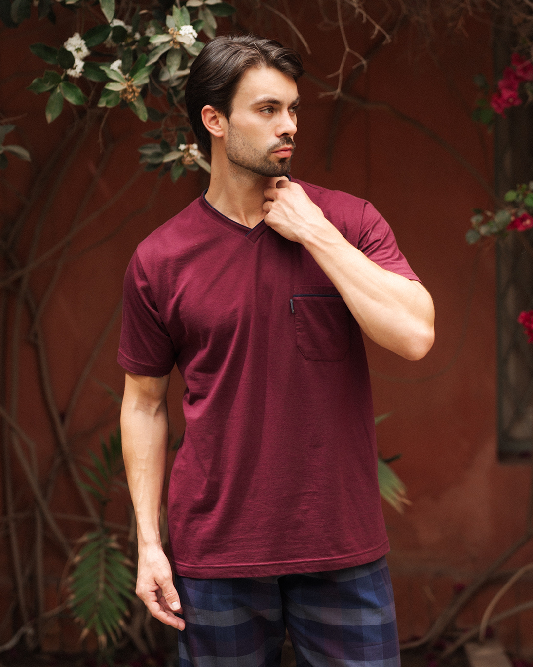 بيجاما رجالي سادة نص كم و بنطلون كاروه