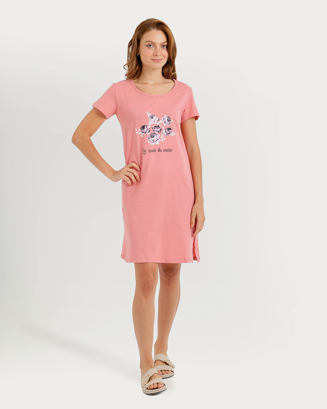 Women's Short Nightshirt with Flower Print on Chest