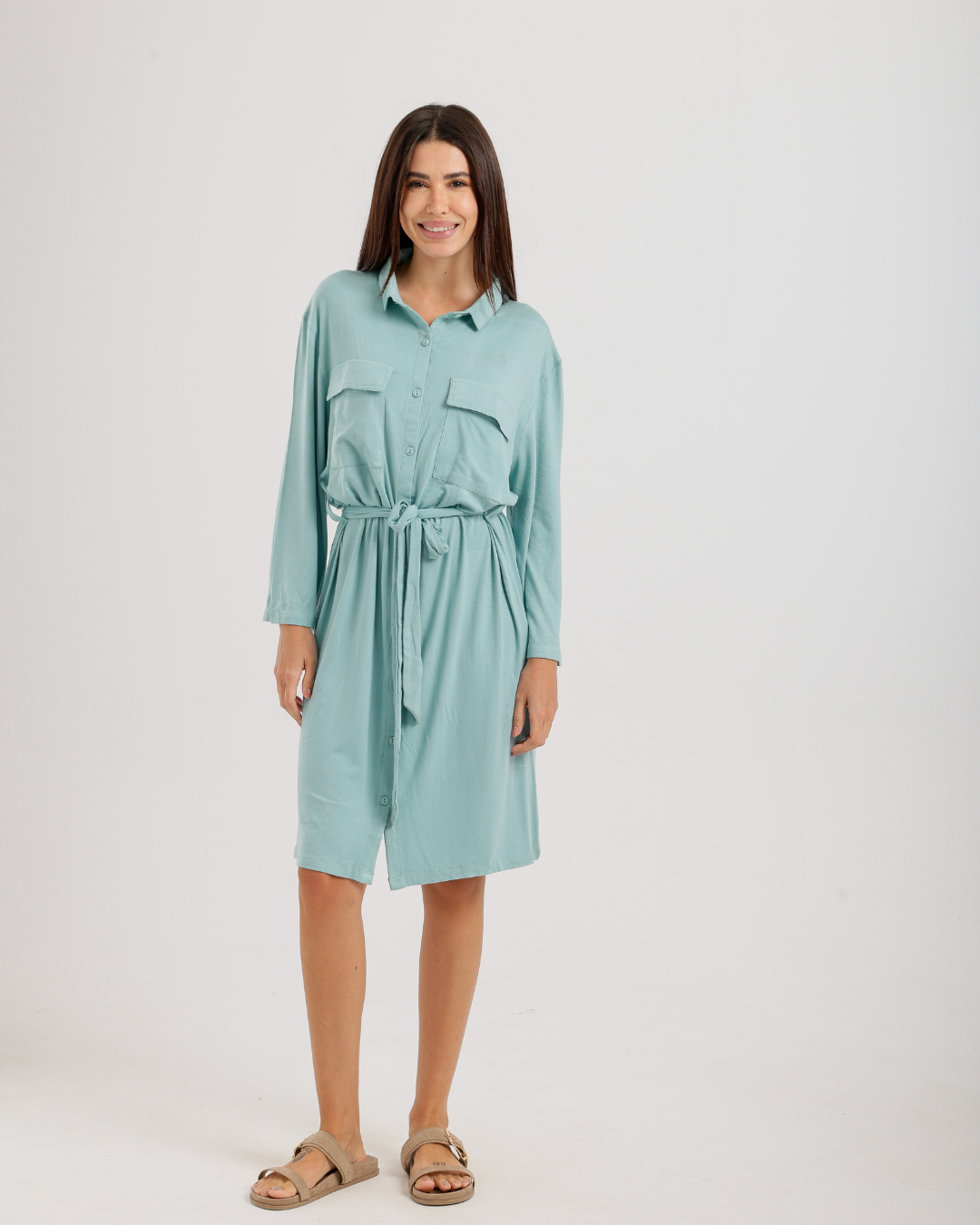 Women's Short Sleeve Shirt with Buttons, Chest Pockets, and Waist Tie