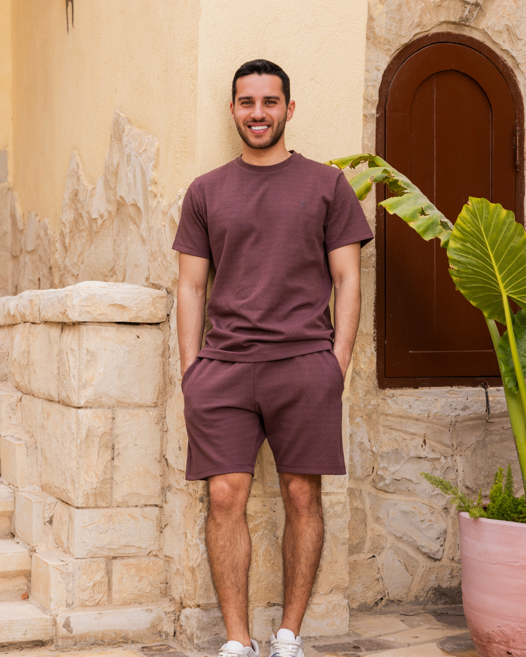 Men's half-sleeve pajamas and shorts with jacquard embroidery