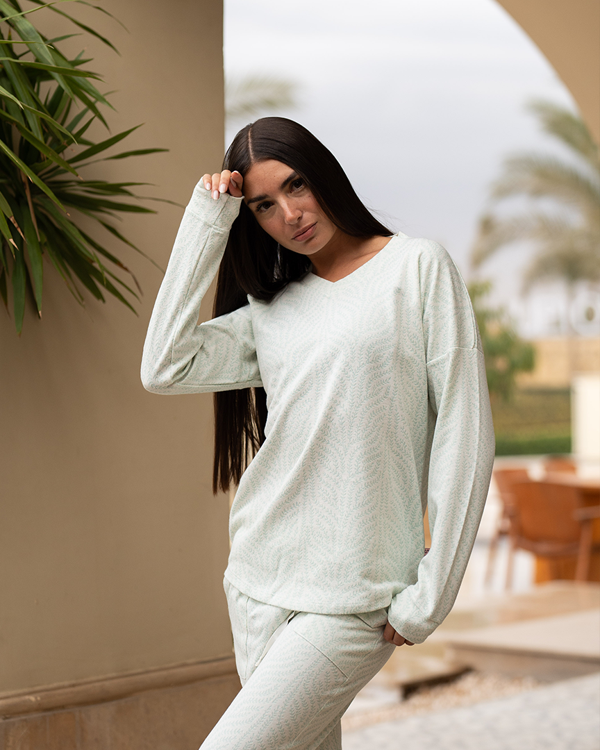Jacquard Leaves بيجاما حريمي جاكار مطبوع فروع