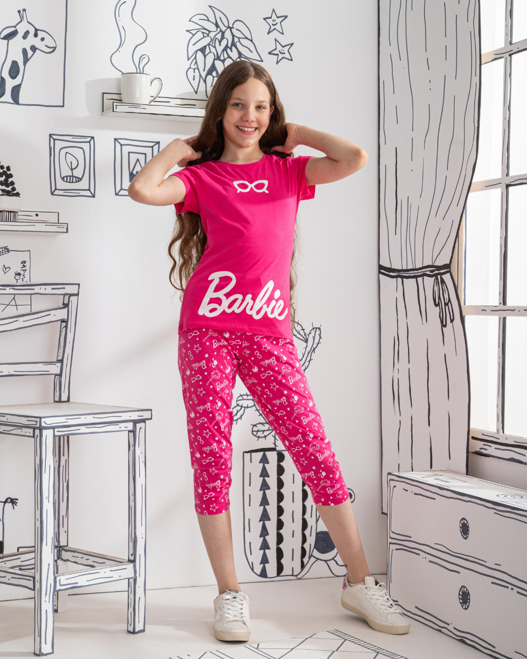 Barbie بيجامه بناتي جرسونيه نص كم وبنتاكور باربي
