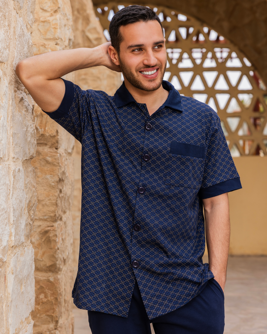 بيجاما رجالي نص كم كلاسيك مفتوحة روتاري مربعات