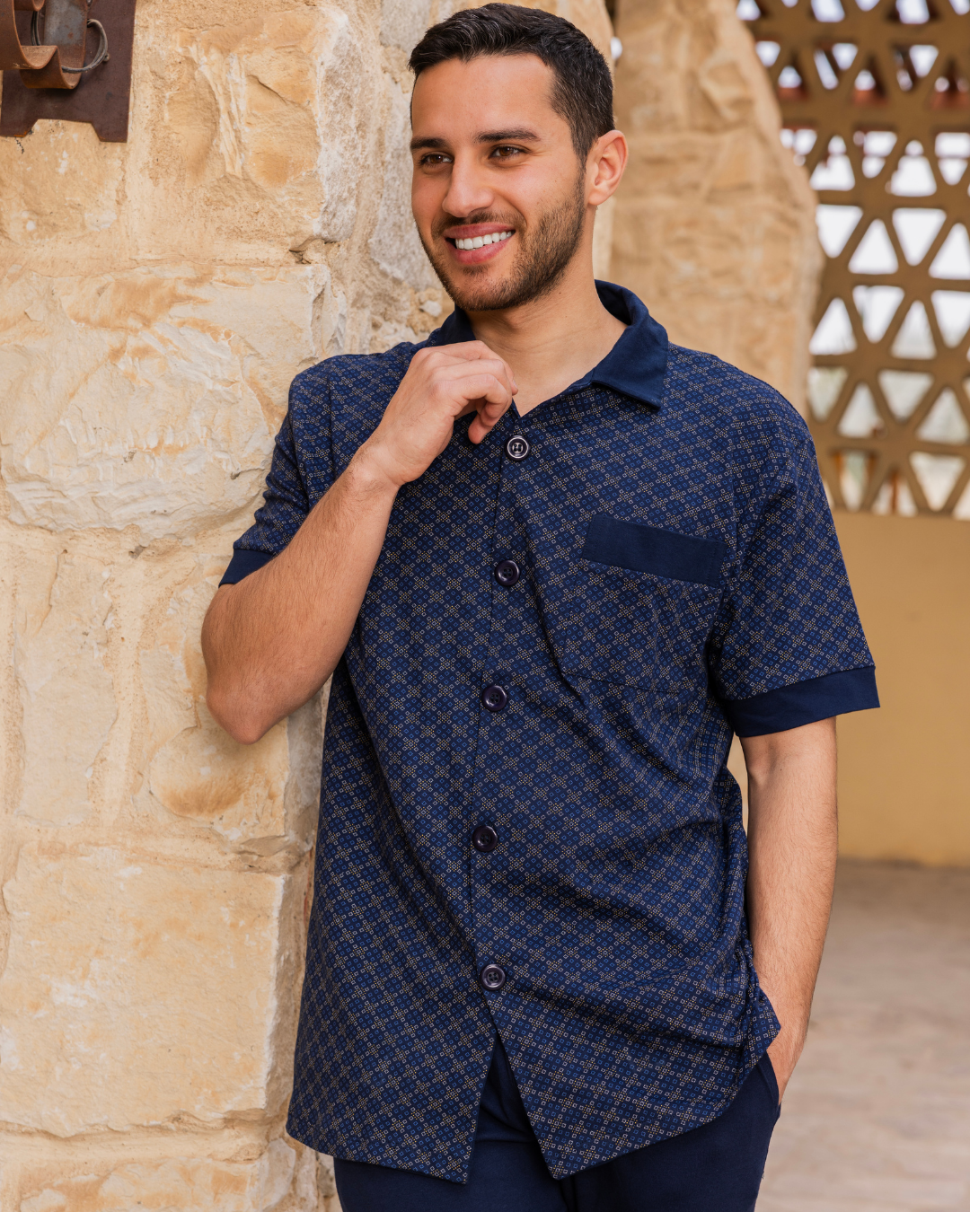 بيجاما رجالي نص كم كلاسيك مفتوحة روتاري مربعات