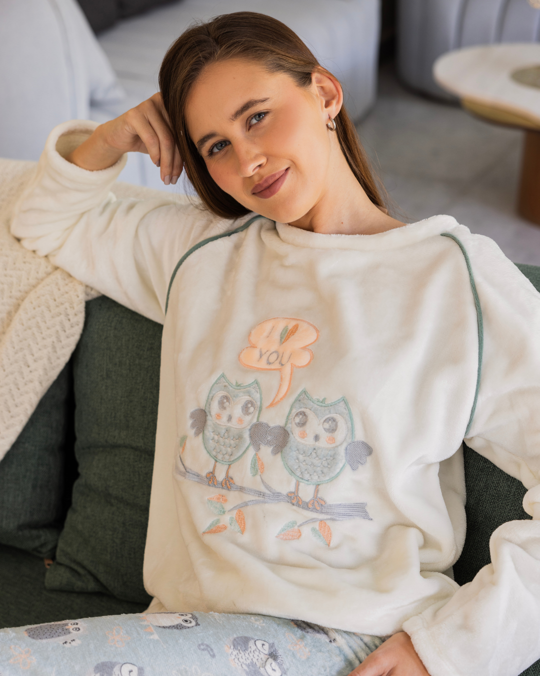 بيجامه حريمي رجلان  تطريزة بومة بنطلون مشجر