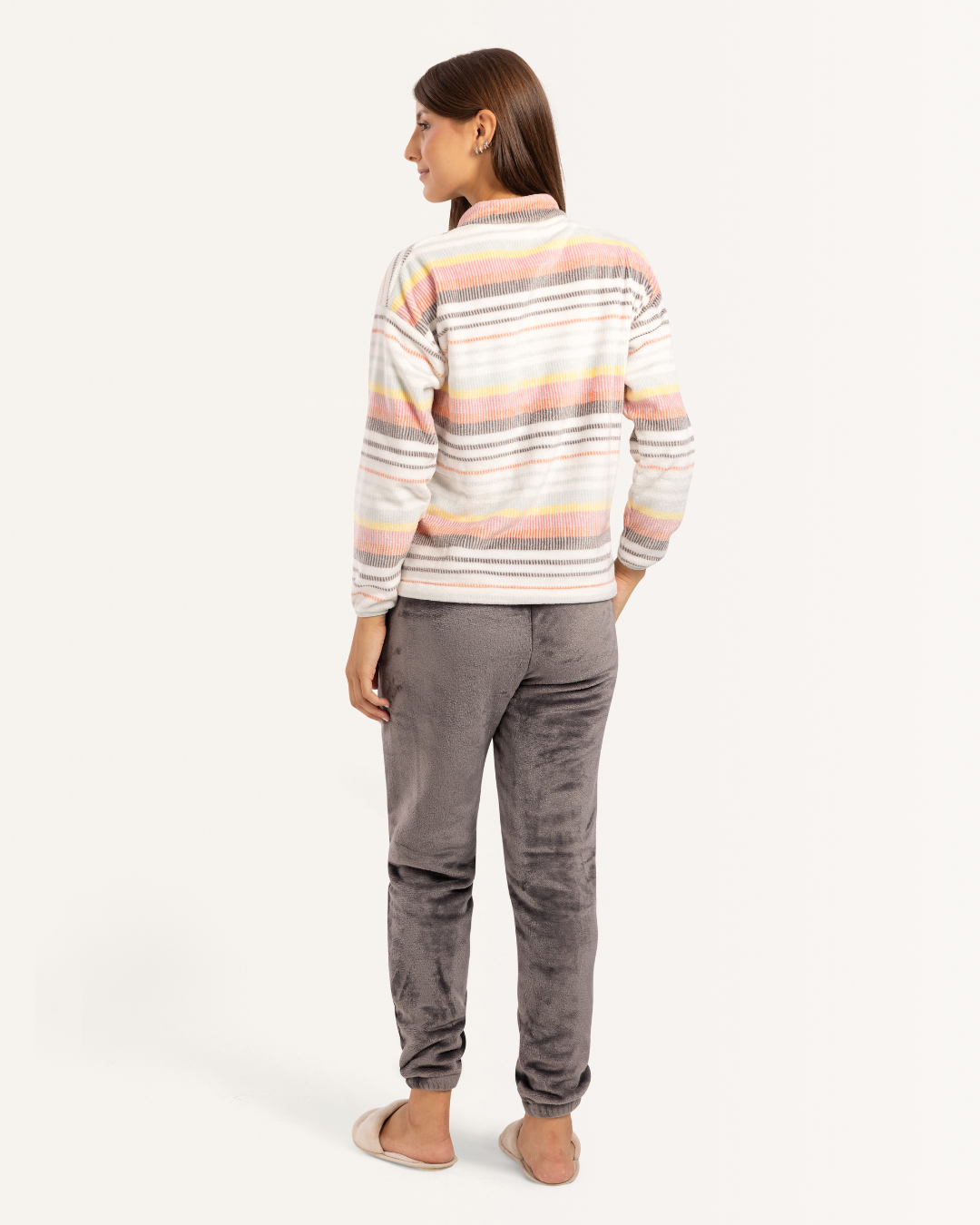 بيجاما بكم طويل خطوط و بنطلون بولار