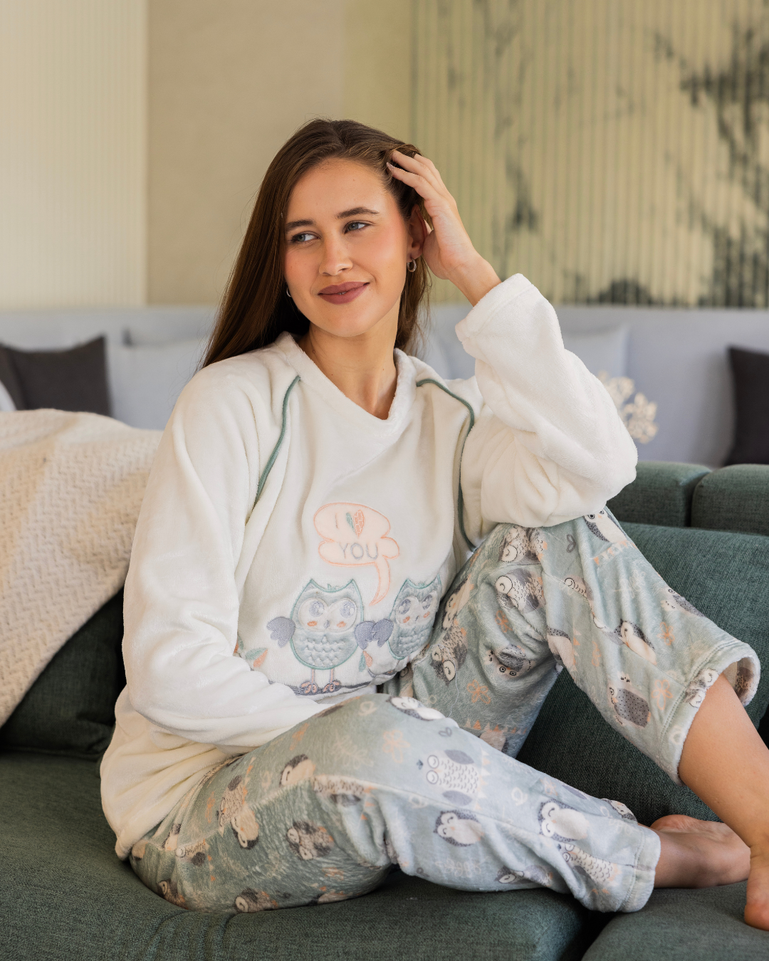 بيجامه حريمي رجلان  تطريزة بومة بنطلون مشجر