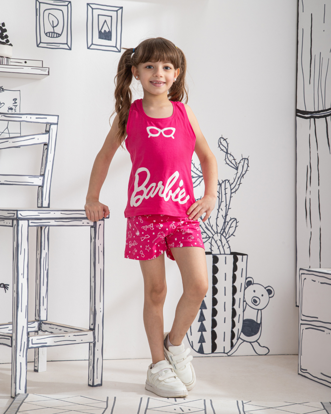 Barbie بيجامه بناتي تيشرت كت وشورت باربي